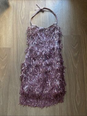 Sequin Fringe Halter Mini Dress / Going Out Top in Dusty Rose